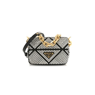 PRADA CRYSTAL MINI BAG WITH CHAIN BLACK 1BD329 (17*11.5*6cm) 